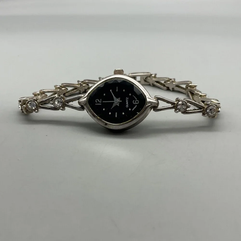 Vtg Avon Women Watch 19mm Black Dial Silver Tone Oval Crystals New Battery 7.25